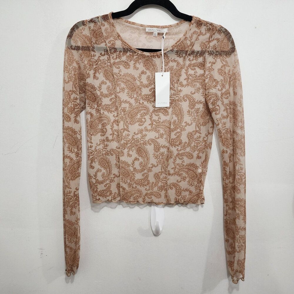 Antistar Paisley Sheer Mesh Crop Top Tan Beige NWT Size L Stretch Long Sleeve